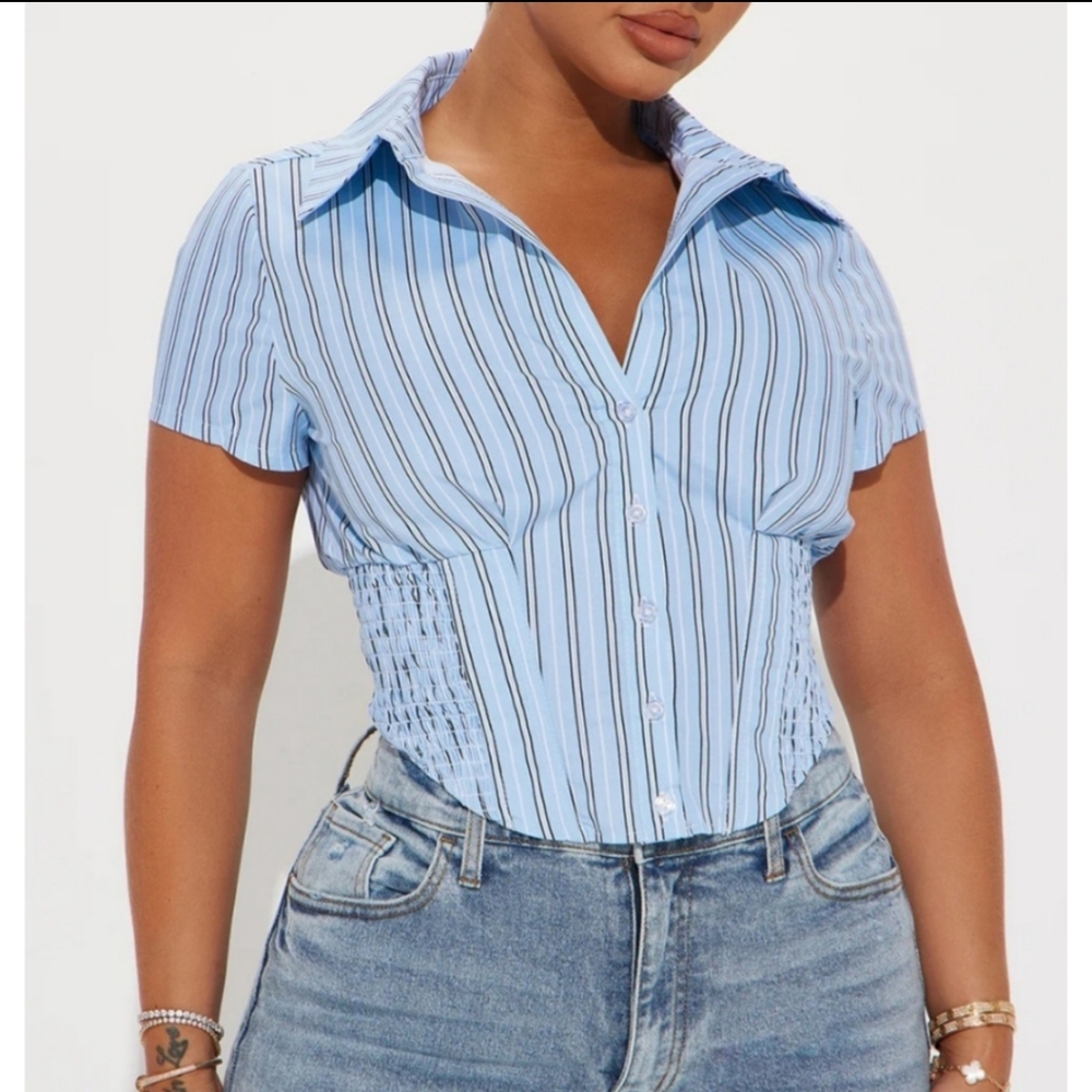 Blue and White Striped Cropped Corset Top